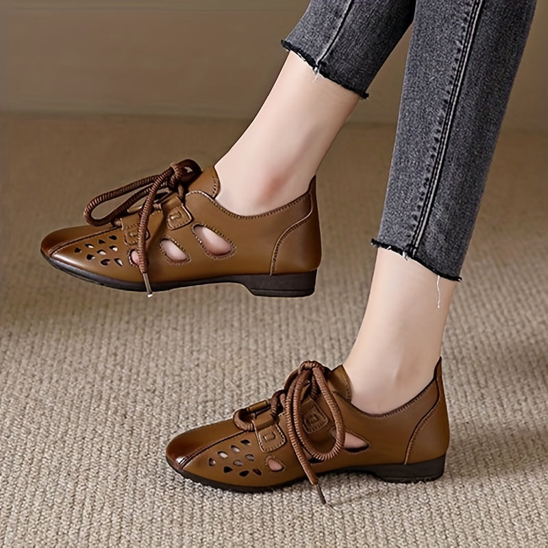 Women's Hollow Out Lace Up Flats Low Top Shoes Casual Faux Leather