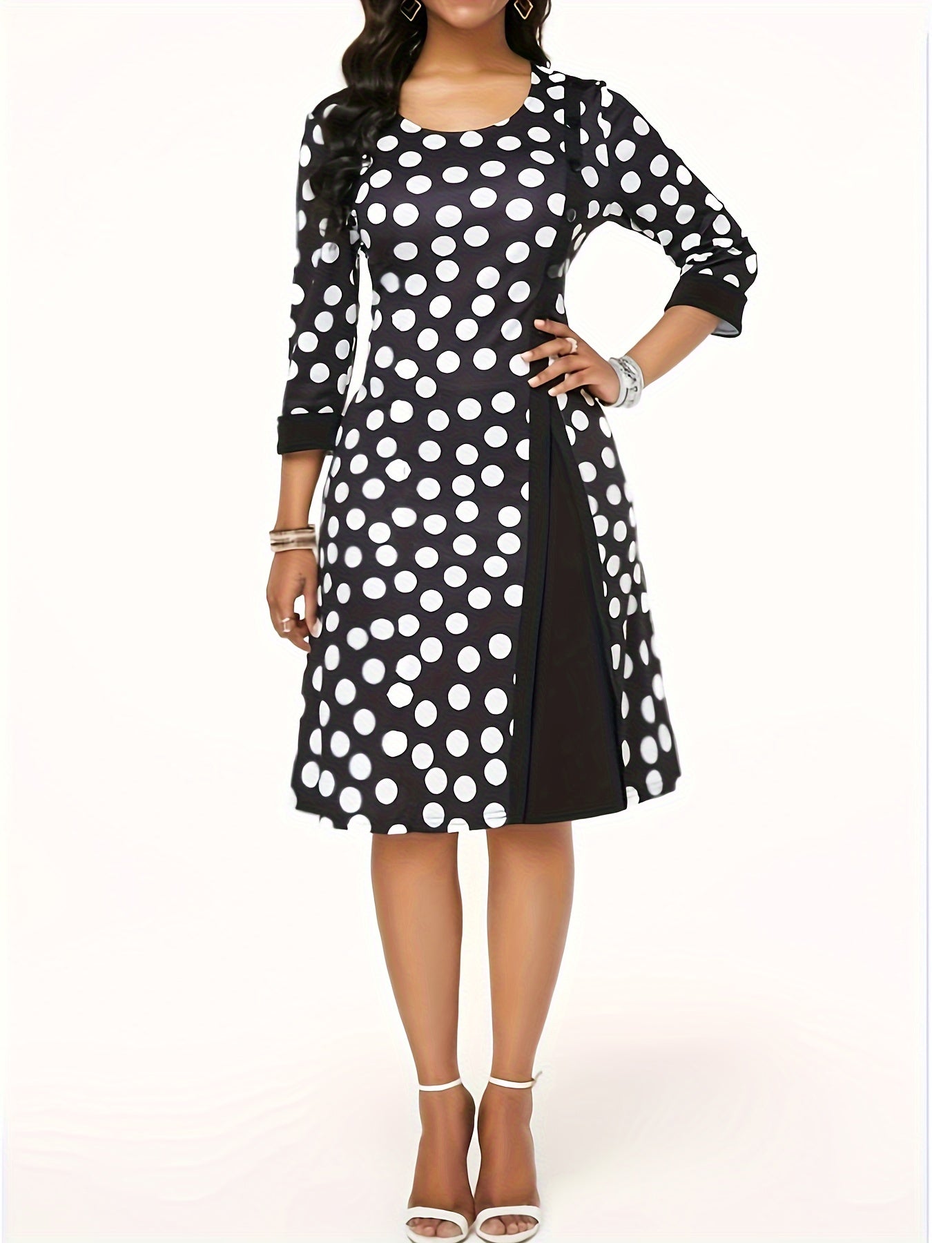 Colorblock Dot Print Round Neck Dress