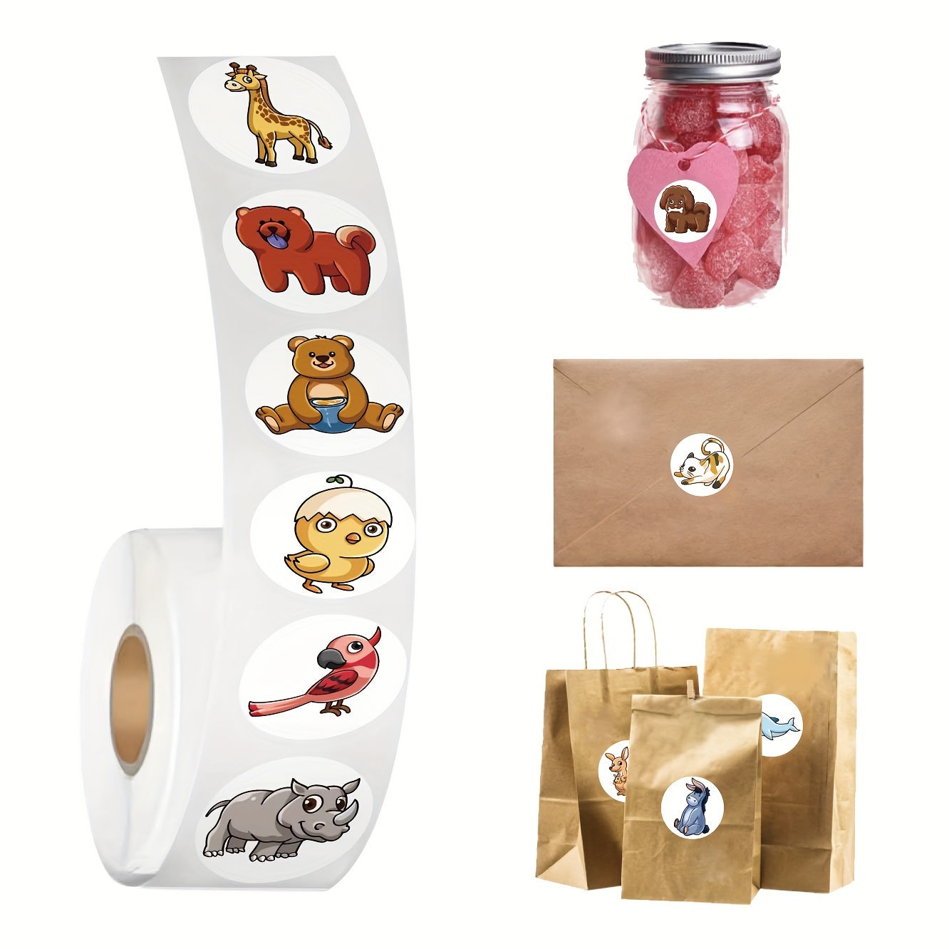 200pcs Cartoon Animals Stickers Roll Scrapbook DIY Gift Decoration