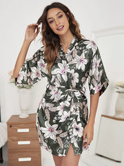 Floral Print Short Sleeve Satin Robe