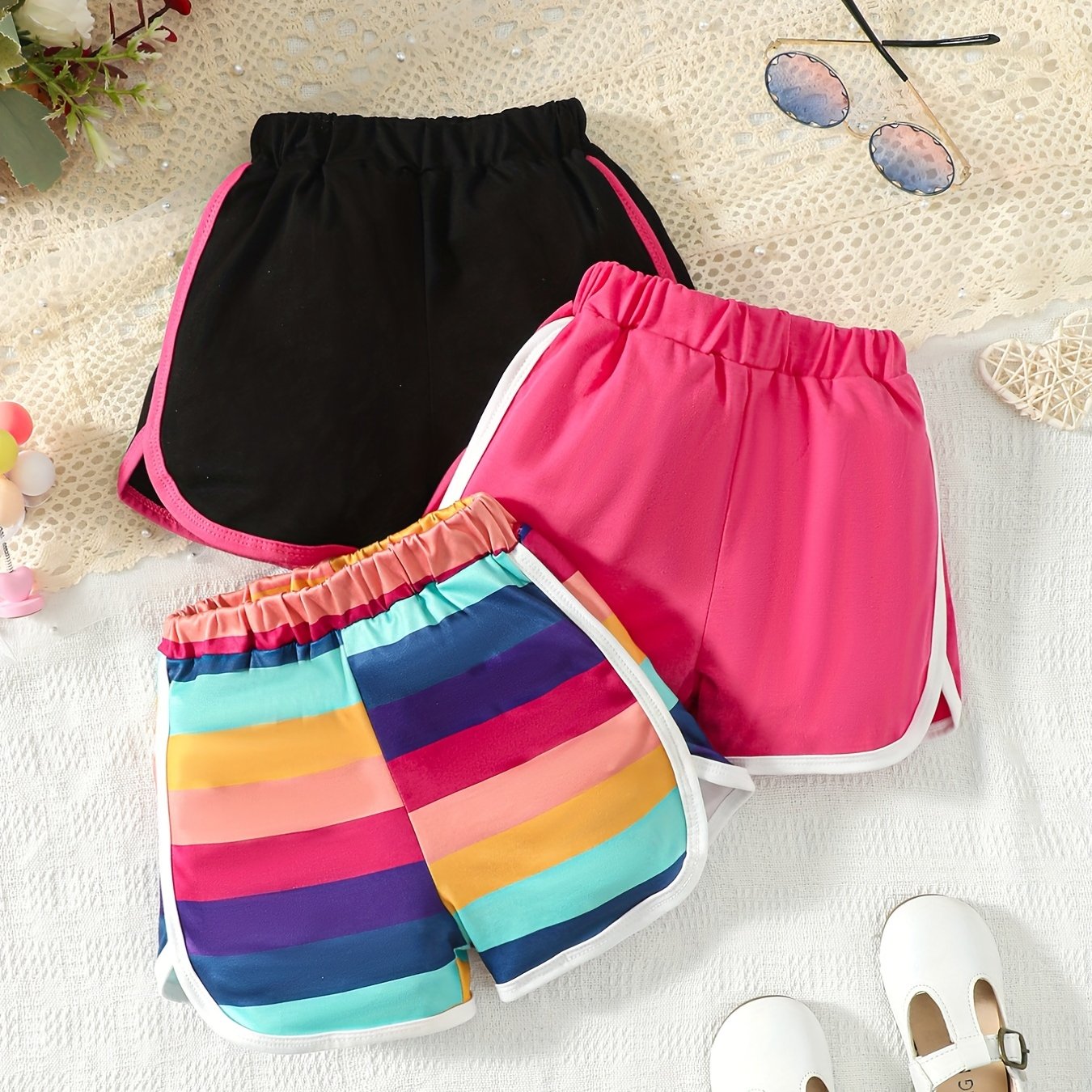Girls' 3 Piece Shorts Rainbow Striped Casual Summer Sports Set