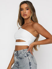One Shoulder Crop Tube Tops Solid Slim Fit Crop Tops Women's Clothing