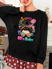 Lounge Top Women's Round Neck Long Sleeve Cartoon Print Tee