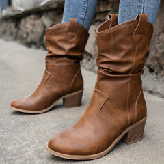 Women's Chunky Heel Cowboy Boots Slip On Retro Western Style