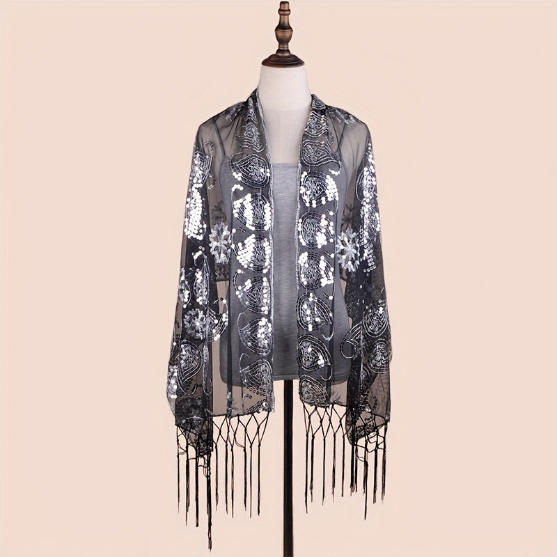 Sequin Paisley Embroidery Shawl Silvery Tassel Vintage Cape