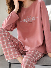 Letter Print Pajama Set Crew Neck Top & Plaid Pants Sleepwear