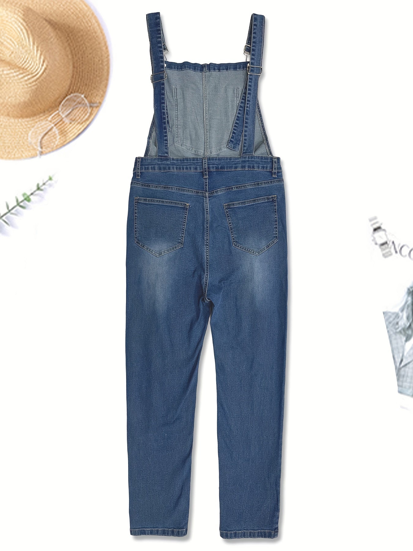 Retro Denim Overall Women's Plus Floral Patched Ripped Straight Leg