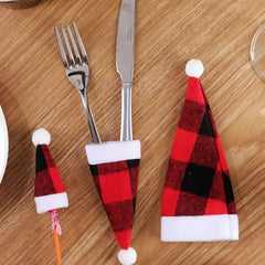 2pcs Christmas Props Red And Plaid Cloth Hats Mini Christmas Hat And Fork Set