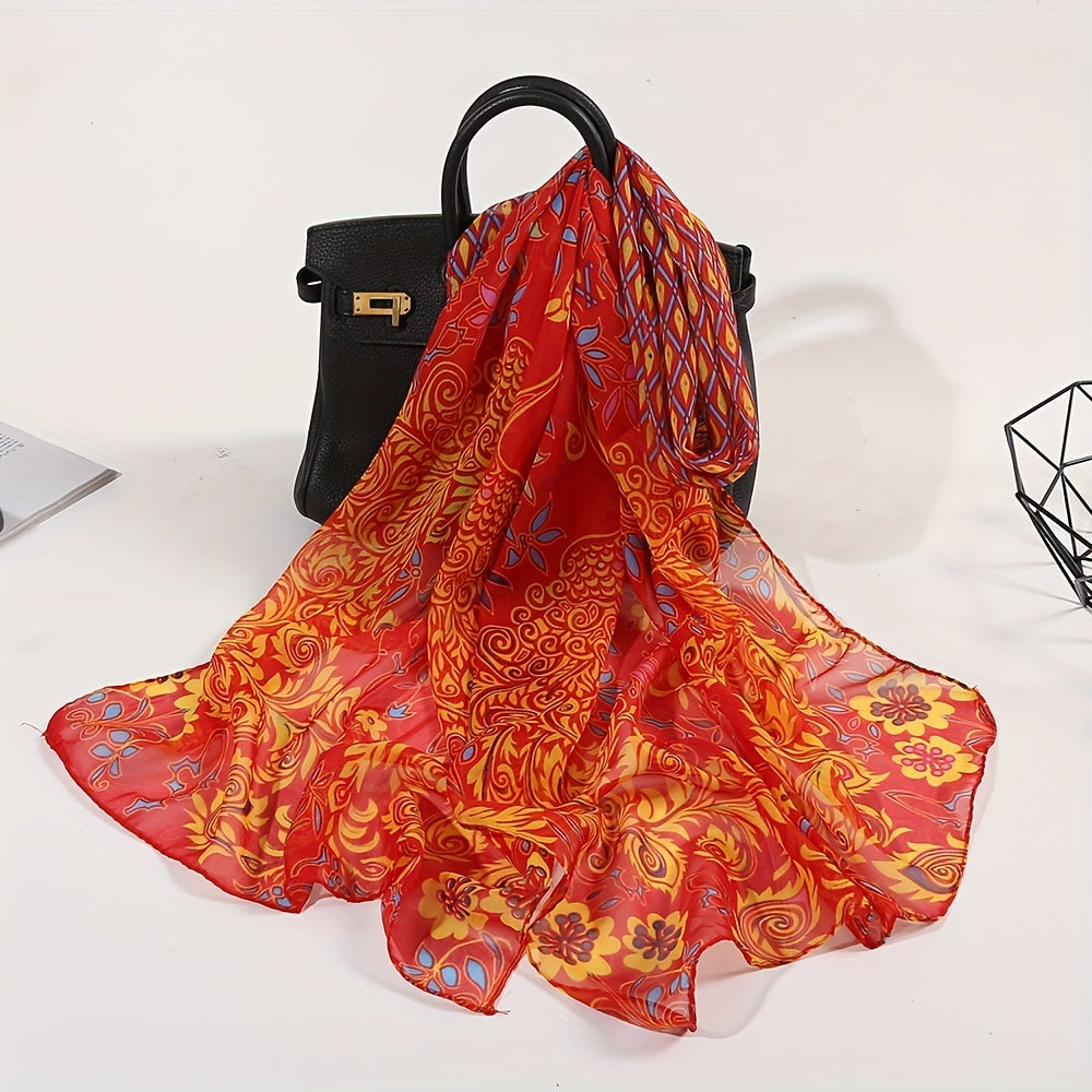 Peacock Print Chiffon Boho Vintage Shawl Head Wrap