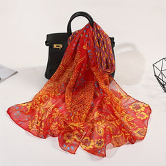 Peacock Print Chiffon Boho Vintage Shawl Head Wrap