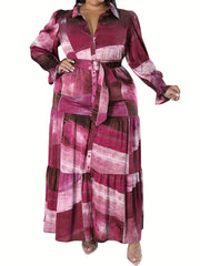 Patchwork Print Button Up Puff Sleeve Maxi Smock Dress