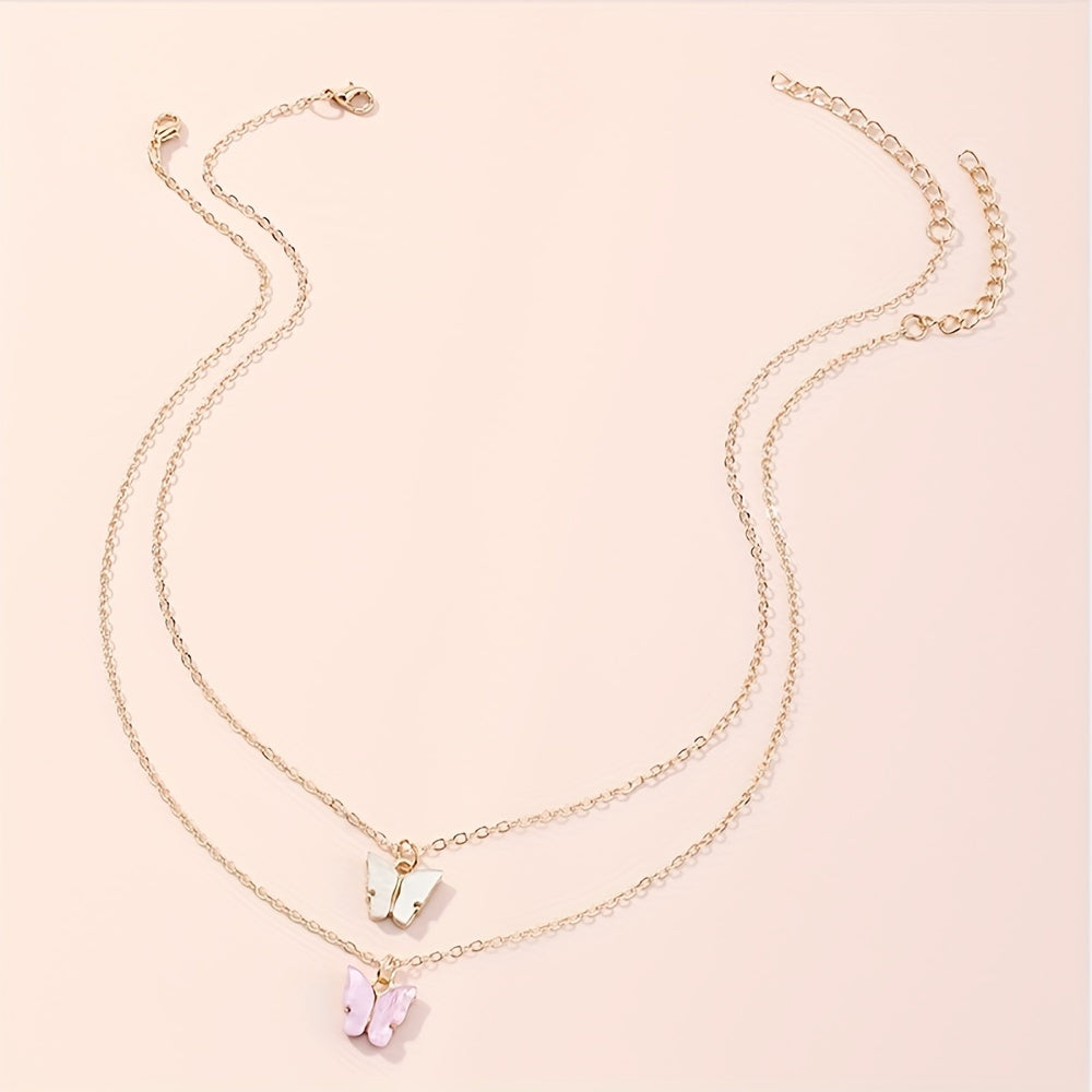 Girls Butterfly Pendant Chain Necklace 2pcs