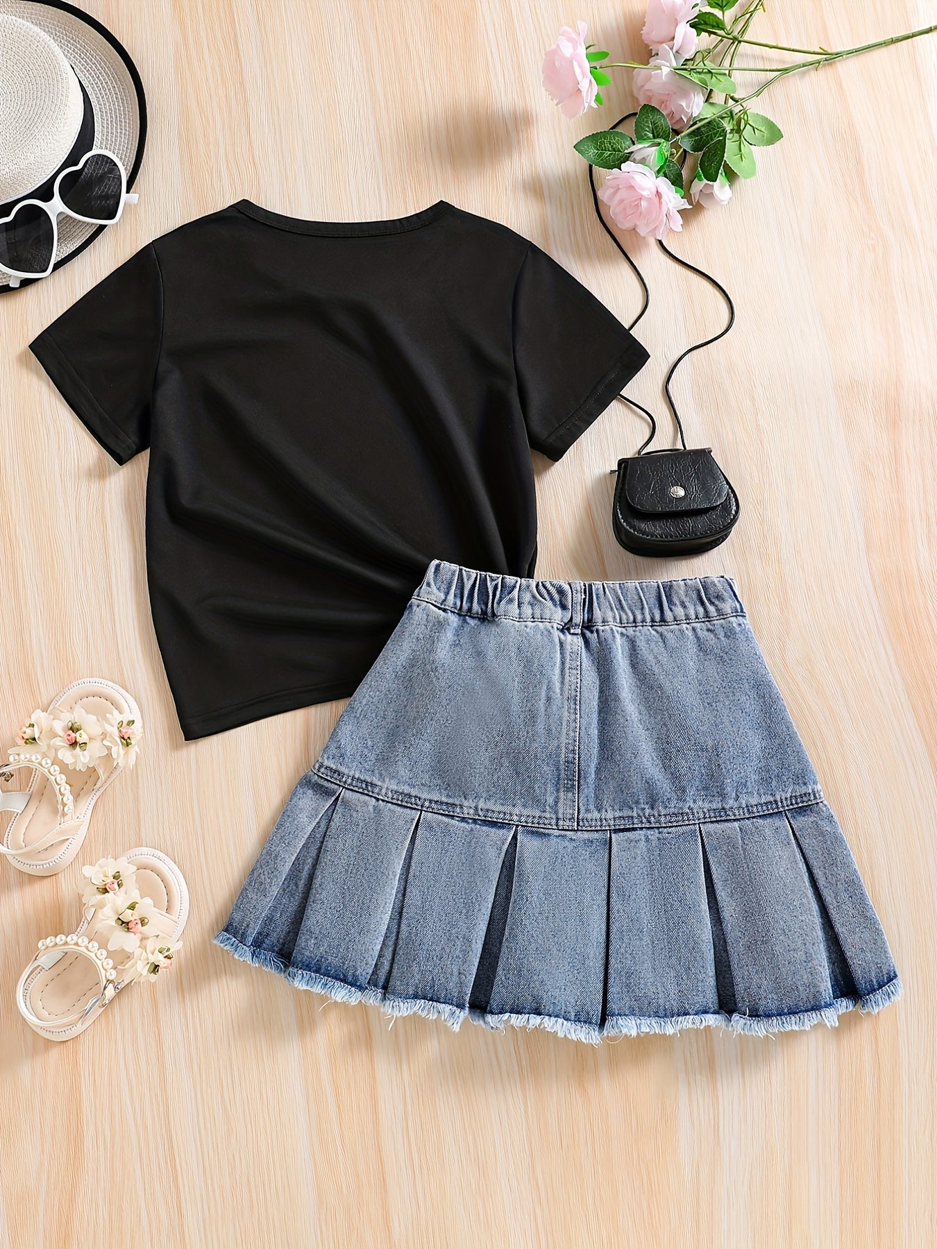 Girl's HAPPY EVERY Letter Tee Top & Denim Skirt Set