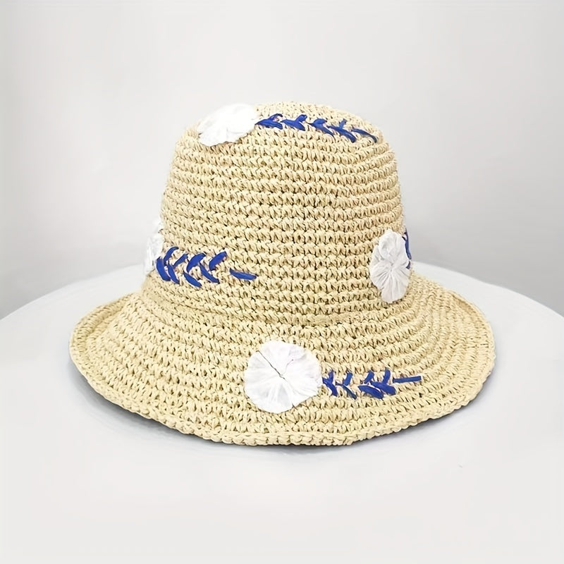 Flower Embroidery Straw Bucket Hat Boho Crochet Solid Basin Hat