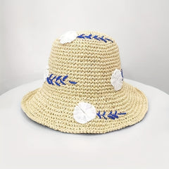 Flower Embroidery Straw Bucket Hat Boho Crochet Solid Basin Hat