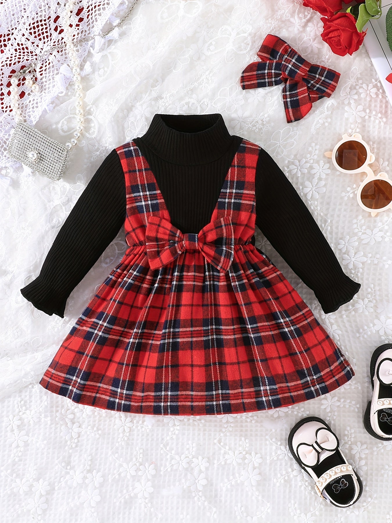 Baby Girl's Red Plaid Long Sleeve Dress Headband Set