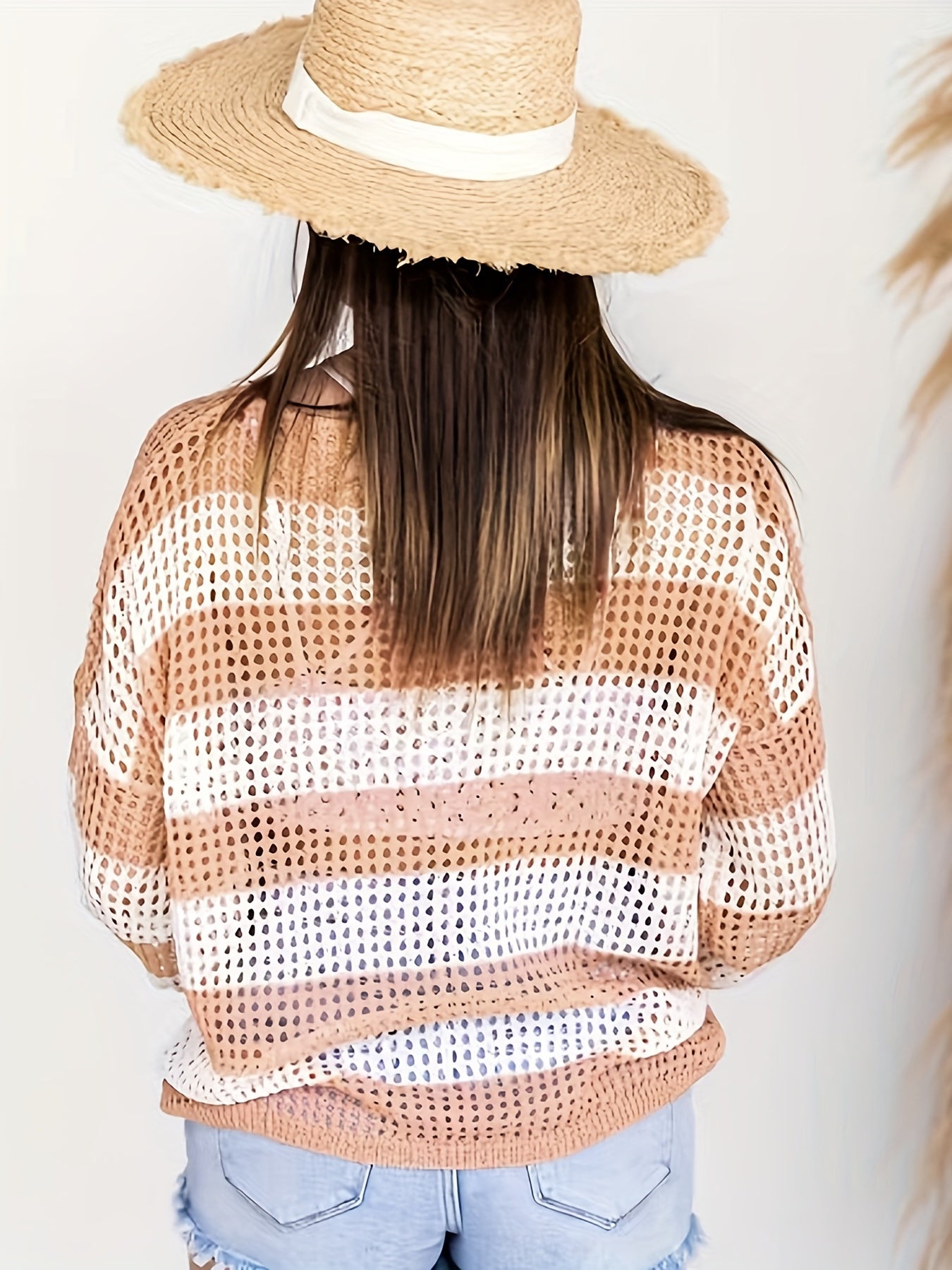 Block Crochet Coverup Boat Neck Sweater