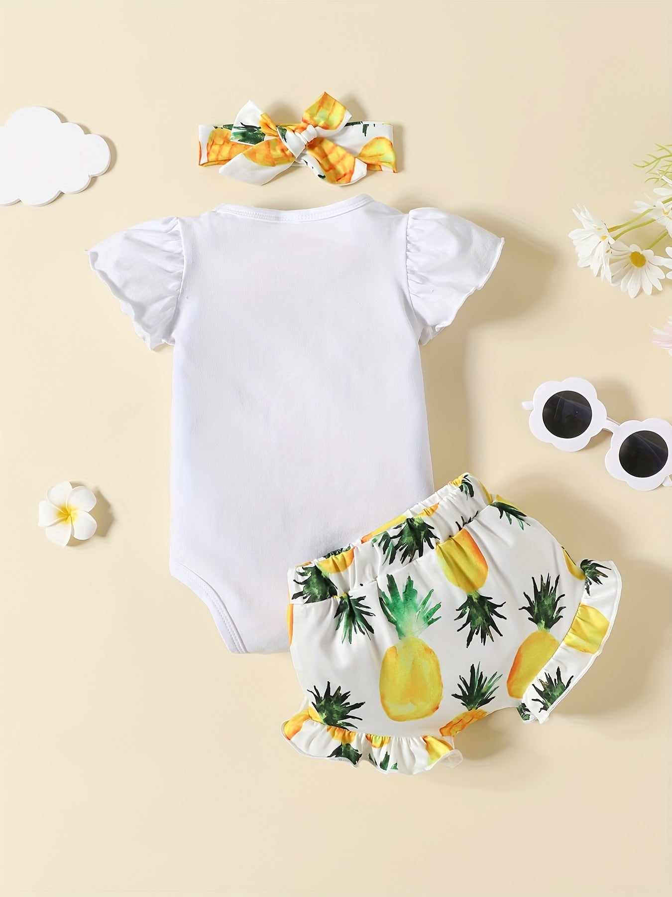 3pc Baby Girls Lemon Print Onesie & Shorts & Headband Set