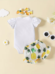 3pc Baby Girls Lemon Print Onesie & Shorts & Headband Set