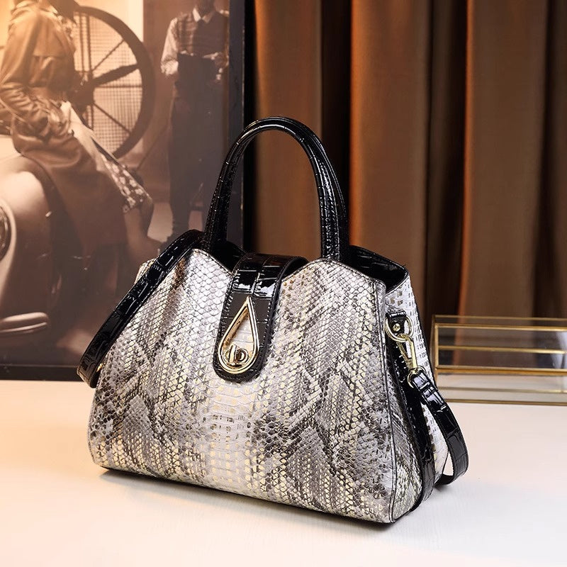 Women's Snake Pattern Tote Handbag Golden Tone Accents