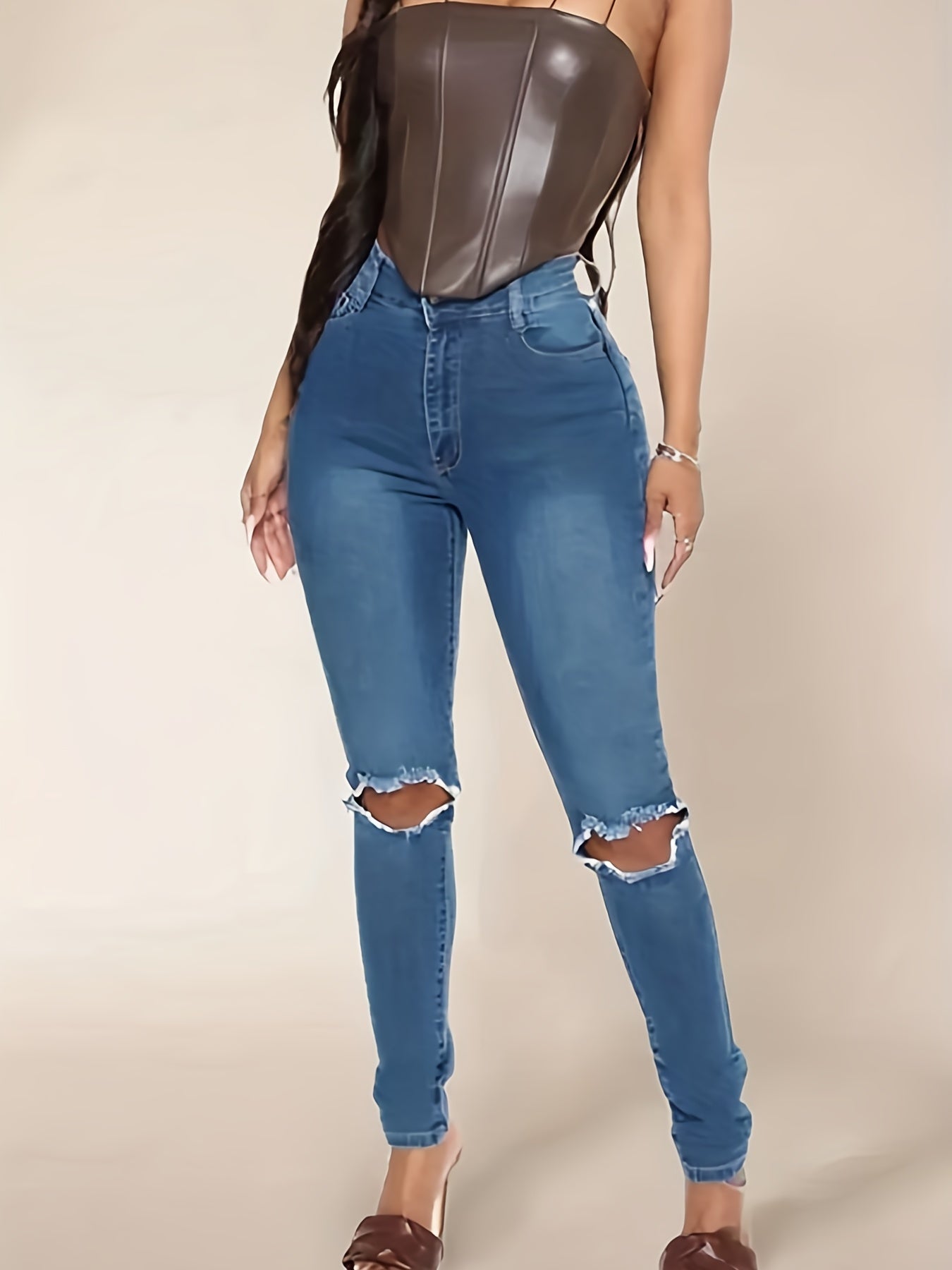 High Waist Ripped Holes Skinny Jeans Slim Fit High Stretch Casual Denim Pants