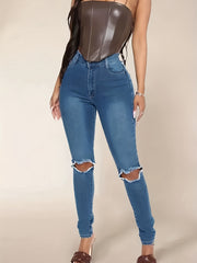 High Waist Ripped Holes Skinny Jeans Slim Fit High Stretch Casual Denim Pants