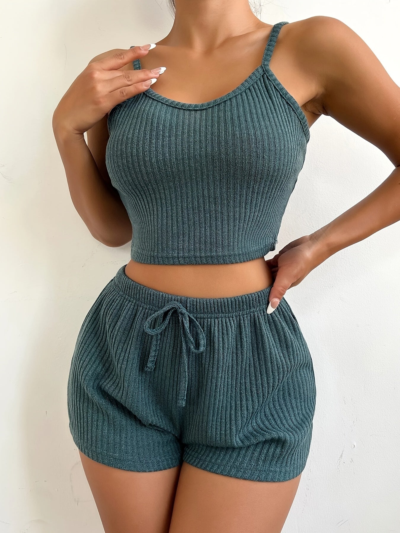 Ribbed Pajama Set Cami Crop Top & Shorts Women's Sleepwear