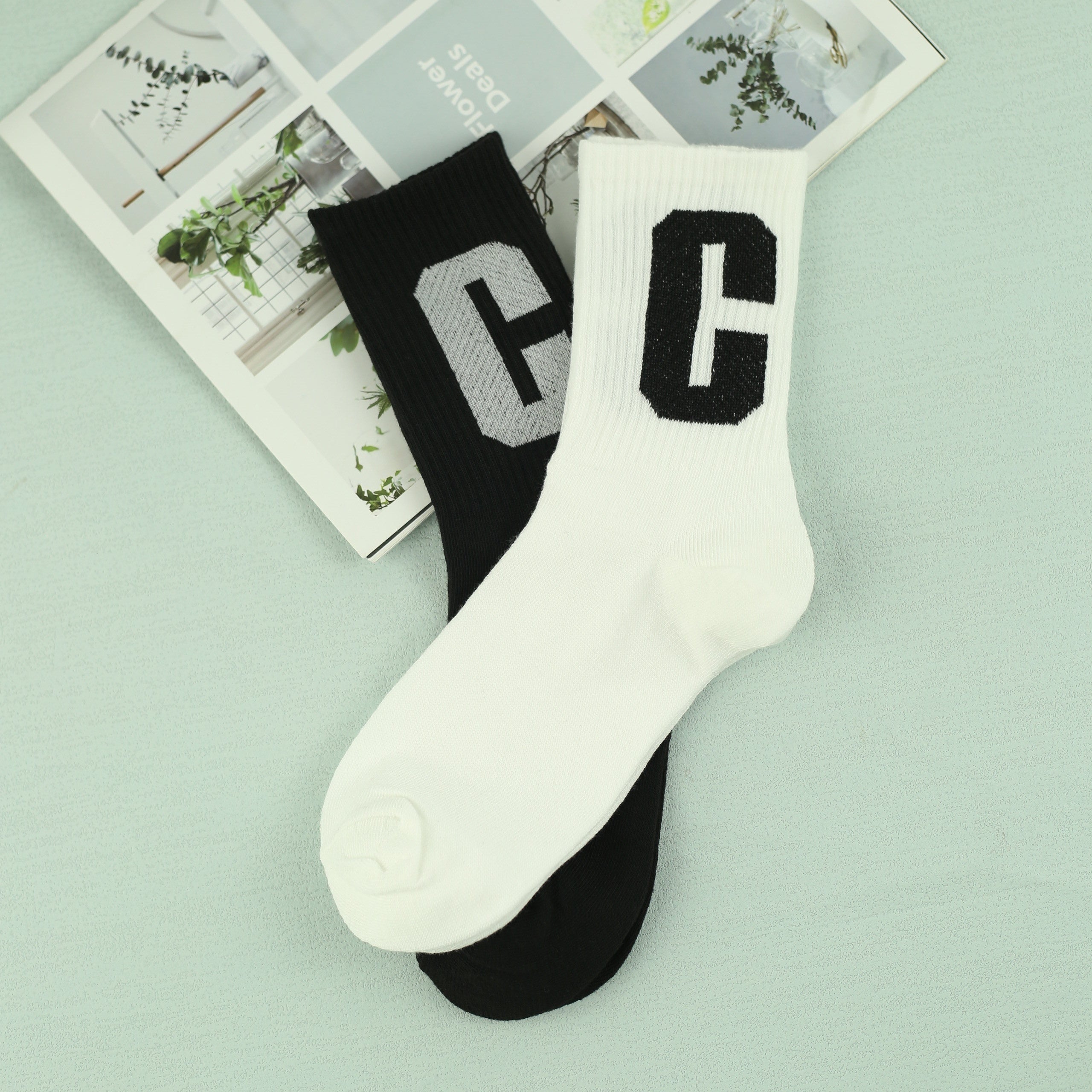 Men's Letter C Pattern Crew Socks, Breathable Casual Street Style Socks