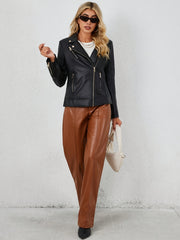 PU Leather Print Biker Jacket Zipper Street Wear