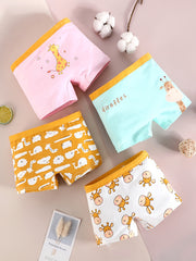 4pcs Cartoon Girl's Cotton Boxer Briefs Elastic Waist Shorts