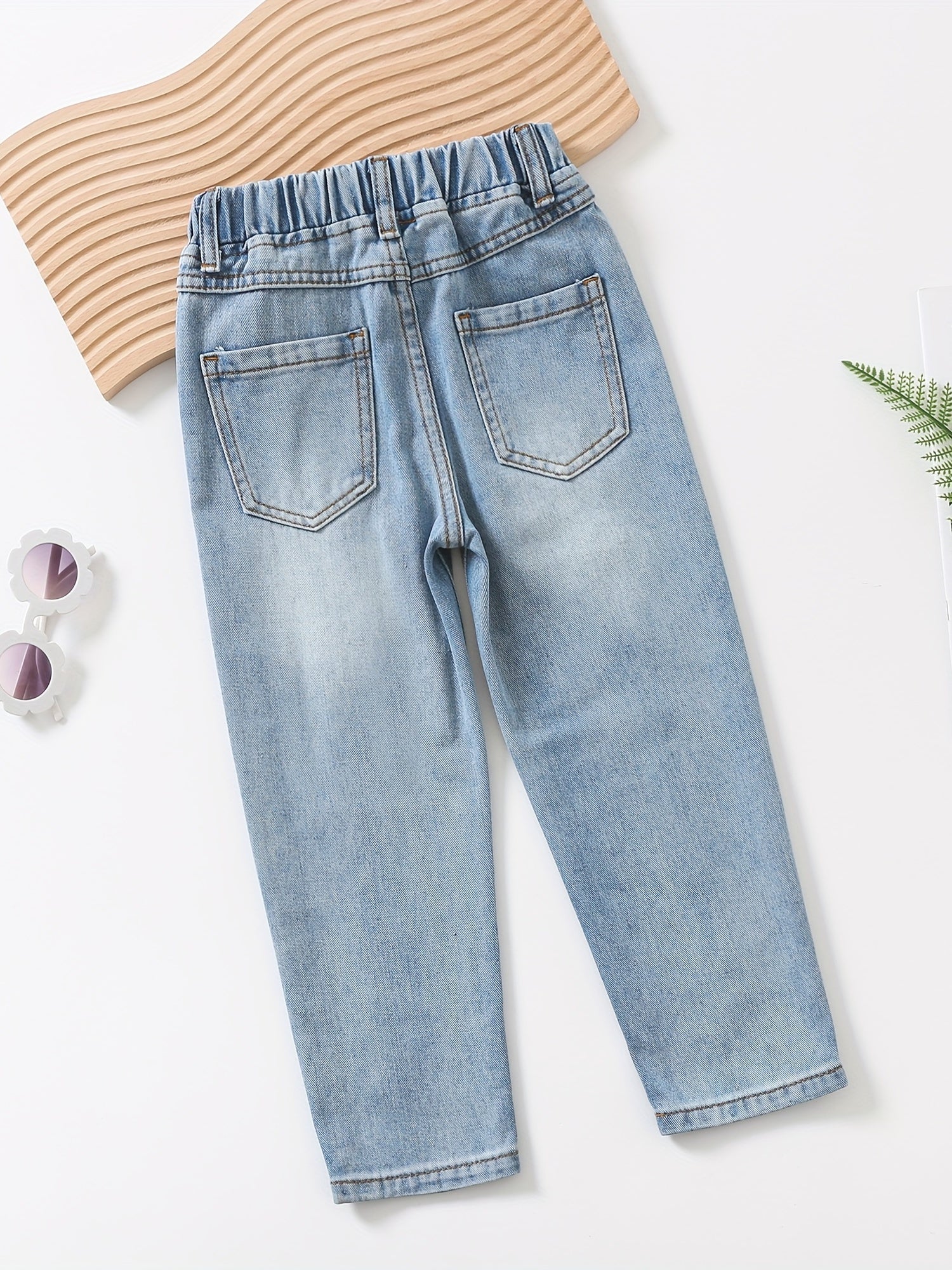 Girls' Cotton Slim Jeans Elastic Waist Ripped Jeans