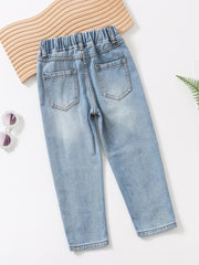 Girls' Cotton Slim Jeans Elastic Waist Ripped Jeans