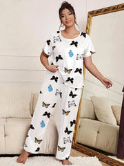 Butterfly Print Pajama Set Tee & Pants Lounge Two Piece Set