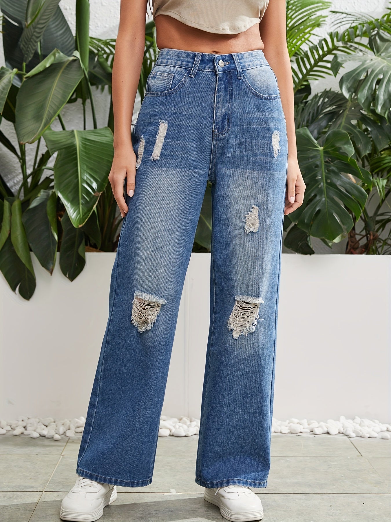 Distressed Straight Leg Jeans High Rise Slash Pocket Denim Pants
