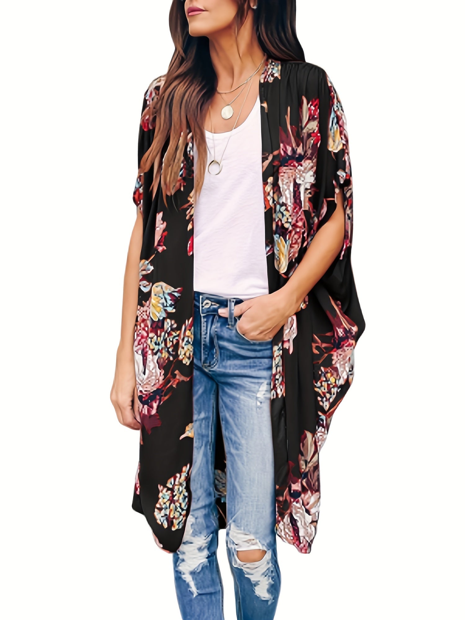 Floral Print Ruched Sleeve Cover Up Cardigan