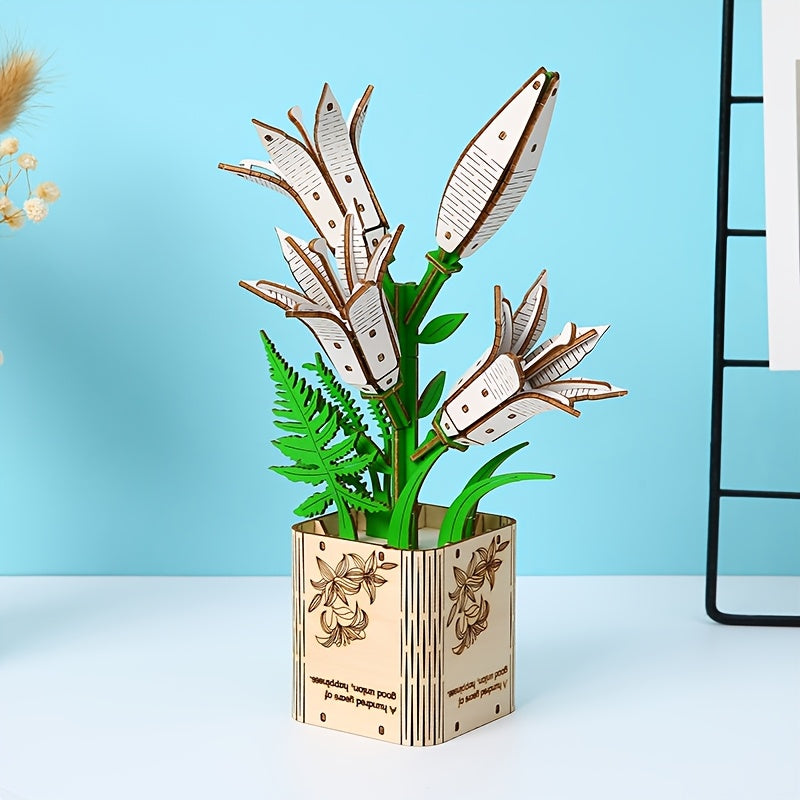 3D Wooden Peony Flower Puzzle Educational Toy with Artificial Flowers