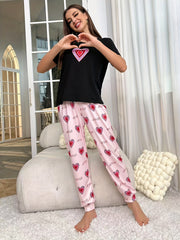Heart Print Pajama Set Short Sleeve Crew Neck Top & Elastic Waistband Pants