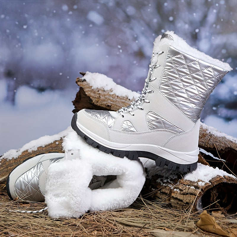 Quilted Argyle Pattern High Top Boots Faux Fur Lace Up Outdoor Sports Shoes