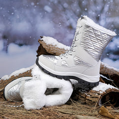 Quilted Argyle Pattern High Top Boots Faux Fur Lace Up Outdoor Sports Shoes