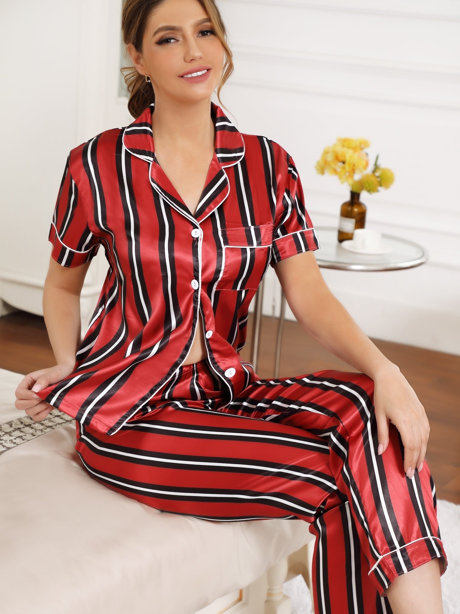 Striped Pajama Set Short Sleeve Button Up Top & Pants Women's Sleepwear
