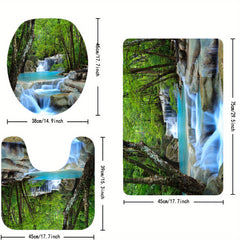 Green Forest Waterfall Shower Curtain Set with 12 Hooks