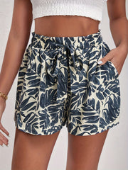 Leaves Print Vacation Shorts Elastic Waist Women's Clothing