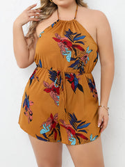 Boho Jumpsuit Women's Plus Leaf Print Tie Halter Neck Backless Romper