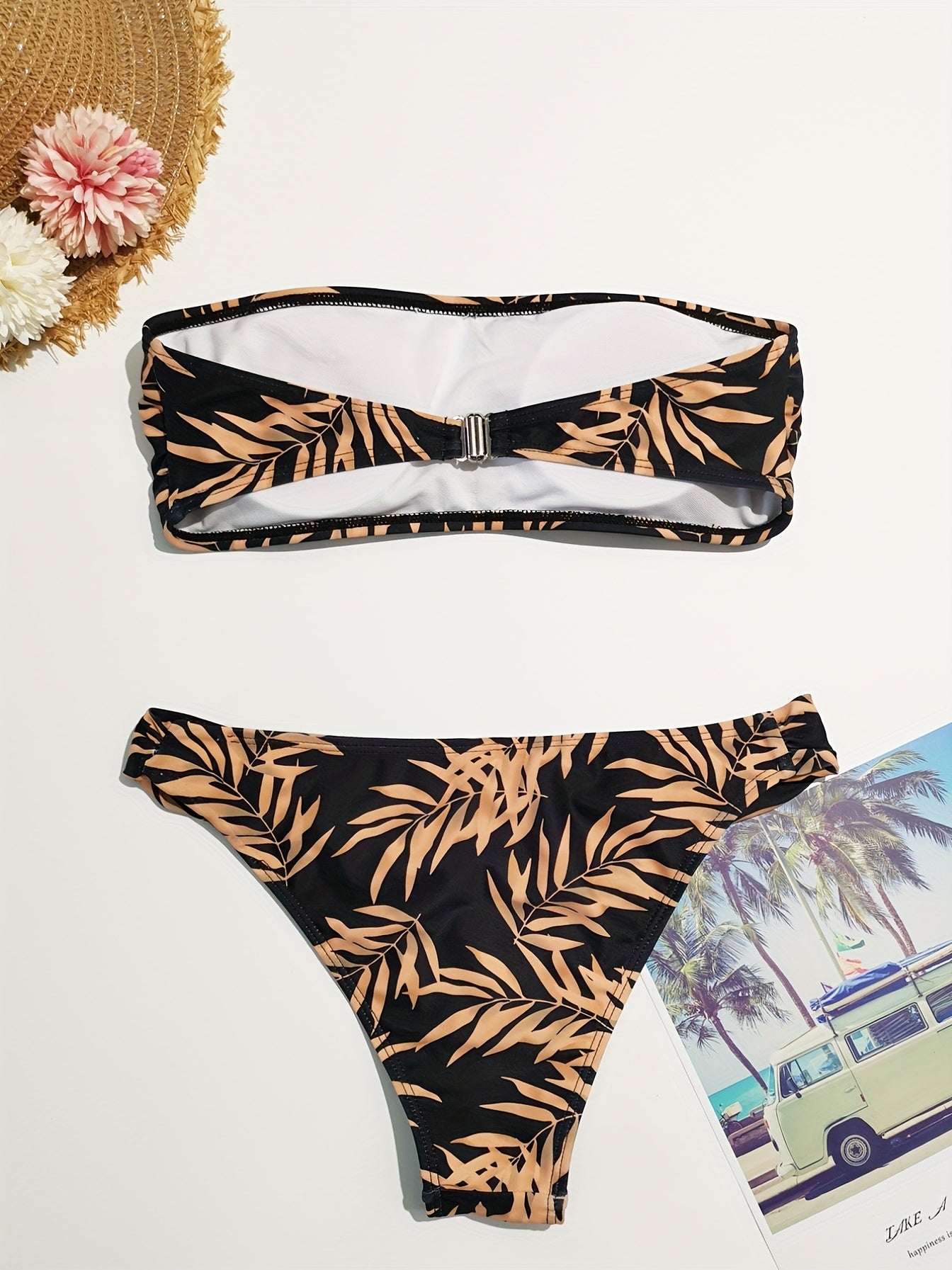 Tropical Print Bandeau Off Shoulder Bikini Set