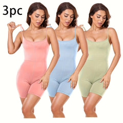 3Pcs Solid Yoga Jumpsuits Round Neck High Stretch Slimming Yoga Bodysuits