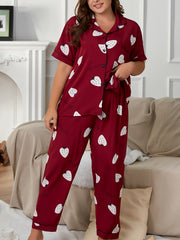 Strawberry Print Pajama Set Short Sleeve Button Up Shirt & Pants