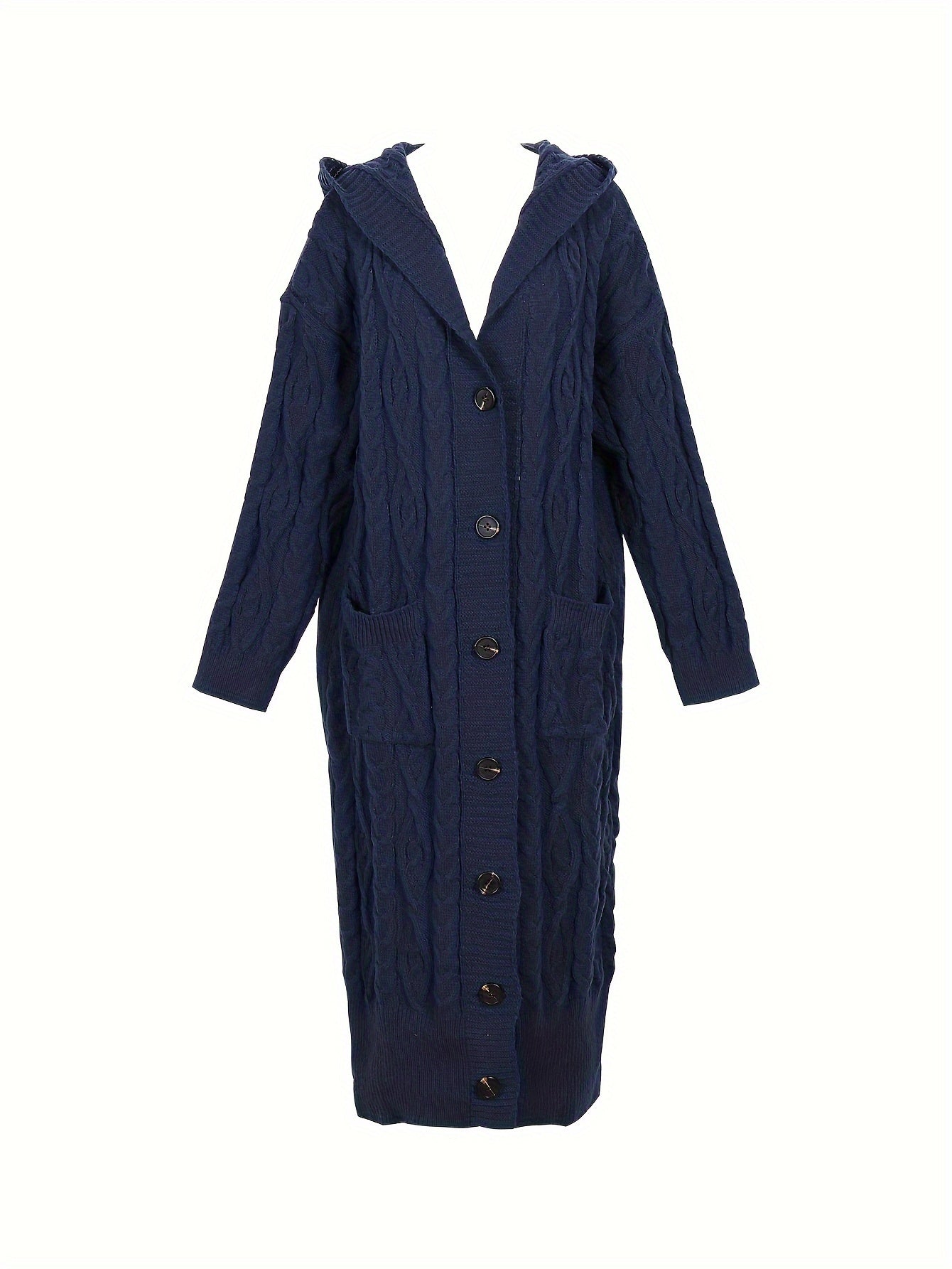Solid Cable Button Up Long Sleeve Hooded Cardigan