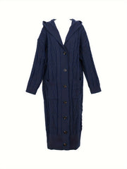 Solid Cable Button Up Long Sleeve Hooded Cardigan