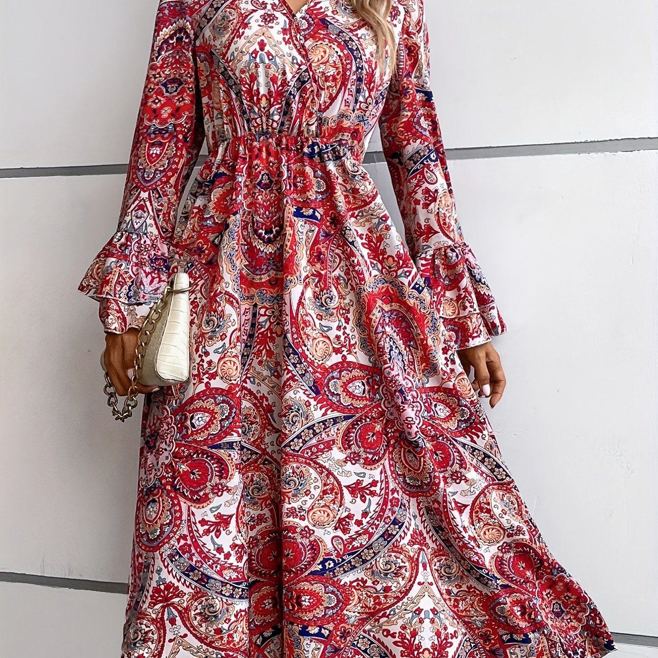 Ethnic Print Midi Dress Boho V Neck Layered Long Sleeve Dress