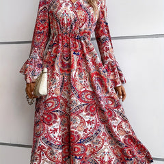 Ethnic Print Midi Dress Boho V Neck Layered Long Sleeve Dress